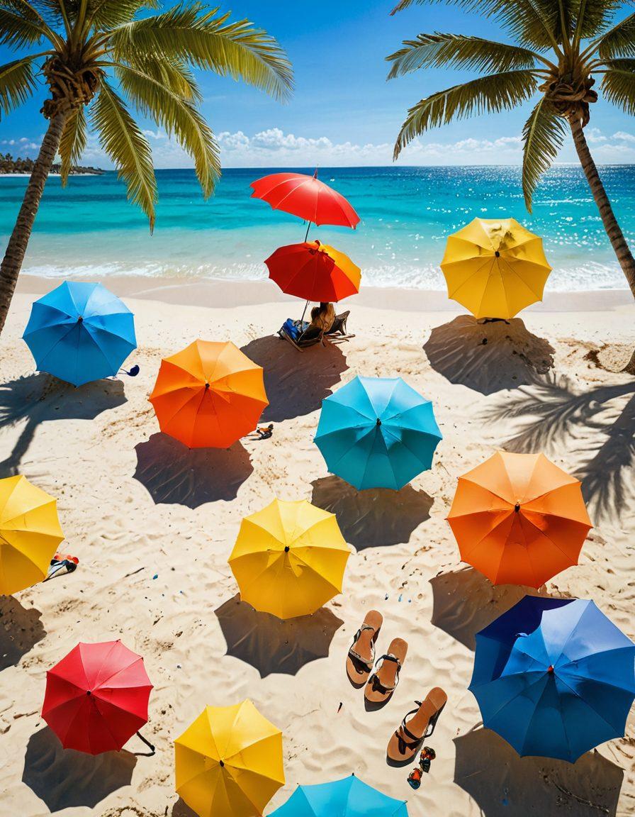 A stylish beach scene featuring diverse models showcasing trendy swimwear collections, vibrant umbrellas, and stylish accessories. Incorporate tropical elements like palm trees and clear blue water, with each model displaying unique fashion tips. Enhance the scene with sun-kissed skin and playful beach vibes. Bright colors and sunny atmosphere evoke a sense of summer fun and chic elegance. super-realistic. vibrant colors. tropical theme.