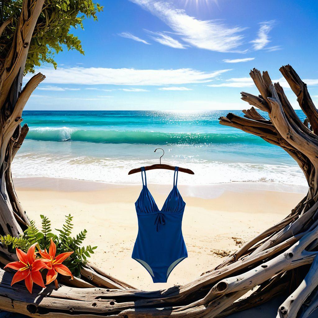 A serene beach landscape showcasing eco-friendly swimwear hanging on driftwood, surrounded by gentle waves and vibrant marine life. Include colorful coral reefs and dolphins in the background, emphasizing the harmony between fashion and nature. Sunlight filters through clear blue skies, creating a peaceful atmosphere. Ideal for encouraging sustainable choices. super-realistic. vibrant colors. beach setting.